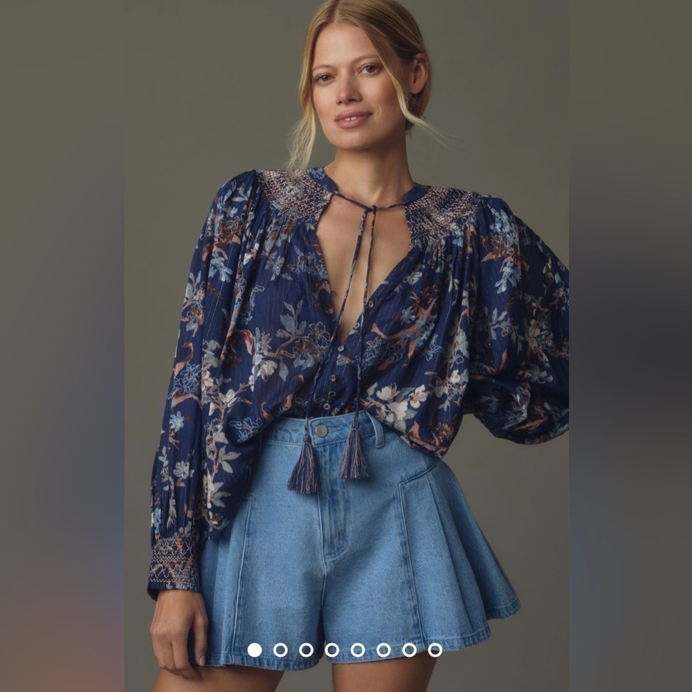 NWT Size XS (P2P 20”) - By Anthropologie Long-Sleeve Smocked Lurex Top